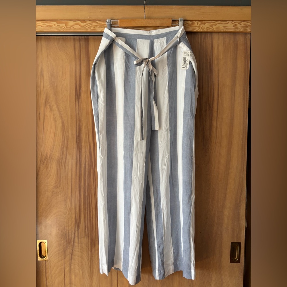 Striped Blue and White Women's Pants, Cotton Pants with Tie, NWT, wide leg pant